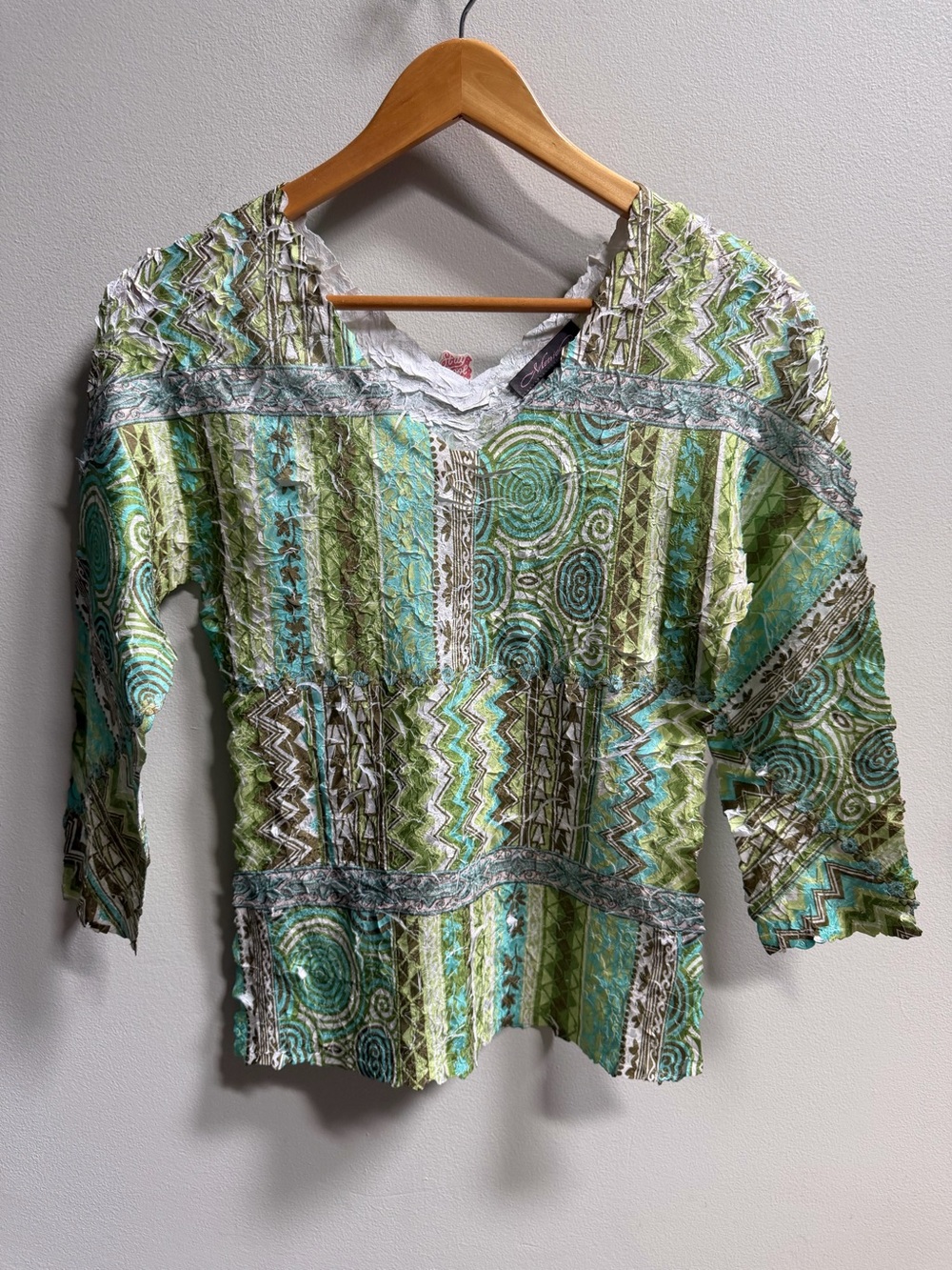Vintage Y2K Crinkle Mesh Patchwork Top 
Artsy Boho Festival Stretch Fairy Glam